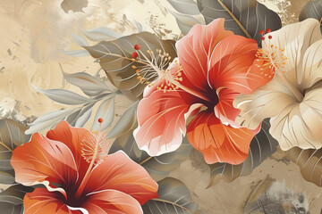 Warm Toned Hawaiian Flowers Design, Orange, Red, and Beige Elegance