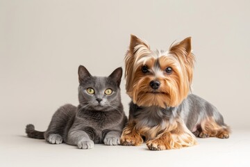 Portrait of Yorkshire terrier and gray cat