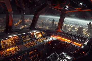 A futuristic cockpit with a view of a city and a planet