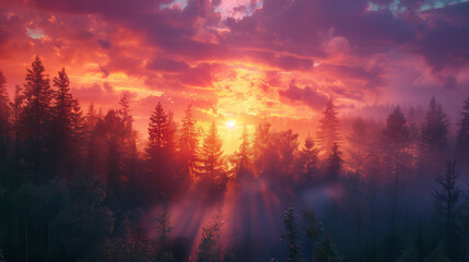 Obraz premium Forest Sunrise with Vibrant and Colorful Sky