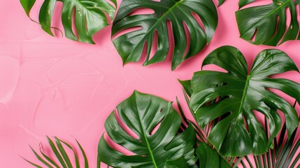 Obraz premium Monstera Leaves on Pink Background Top View in tropical Jungle Theme