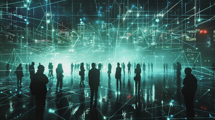 abstract professional business team people connection of line from nail node to node on Smart digital  cityscap and skyline  background , Innovation networking concept