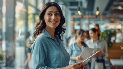 The cheerful woman with tablet