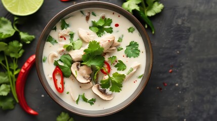 Tom Kha Gai swirling, with coconut milk, tender chicken, mushrooms, and aromatic herbs creating a creamy and fragrant explosion
