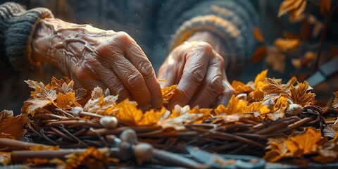 Creative illustration of hands weaving an autumn wreath in a workshop