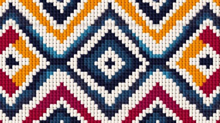 Fototapeta premium Vibrant ethnic-inspired geometric pattern in cross stitch, with repeating diamonds and zigzags
