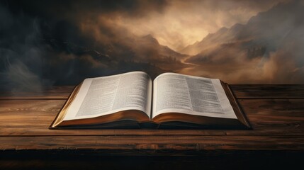 A majestic tome lying open on a rustic wooden table, each page vividly painted with epic battles and mythical creatures from an ancient saga