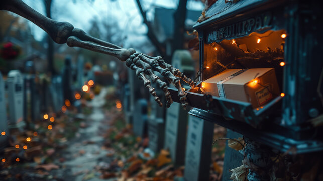 hand of a skeleton holding an e-commerce package with offers and discounts for online halloween shopping