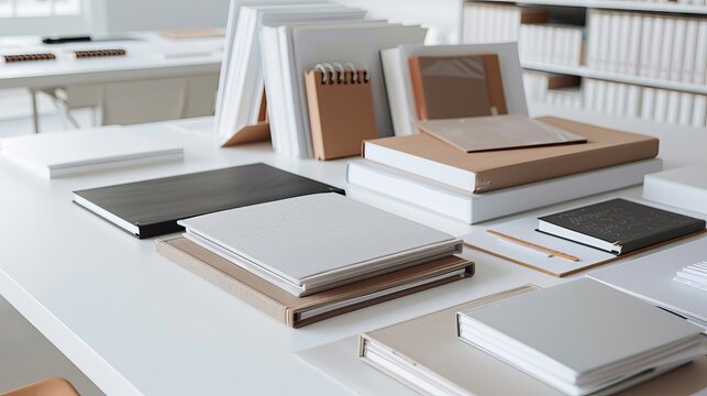 A workshop scene with various stages of bookbinding in progress, featuring manuscripts, binding materials, and paperback covers in a well-organized space