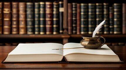 Naklejka premium An elegant study room filled with shelves of classic literature, an open notebook on the desk, and a feather quill resting in an inkpot