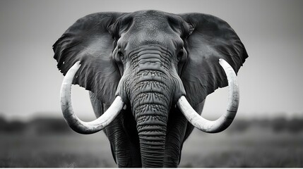 Black and white photo of an elephant with tusks
