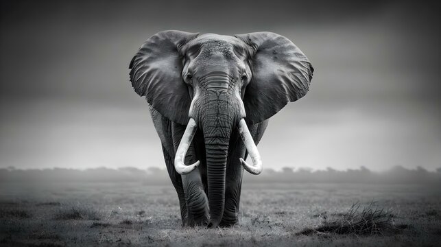 Black and white photo of an elephant with tusks
