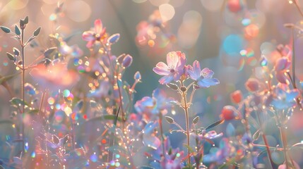 Field of iridescent pastel flowers shimmering