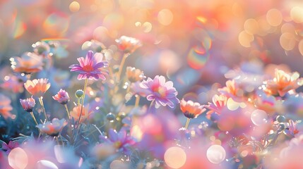 Field of iridescent pastel flowers shimmering