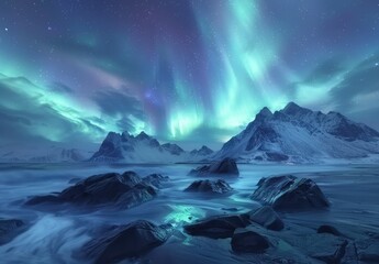 Naklejka premium Northern Lights Dance Above Snowy Mountains