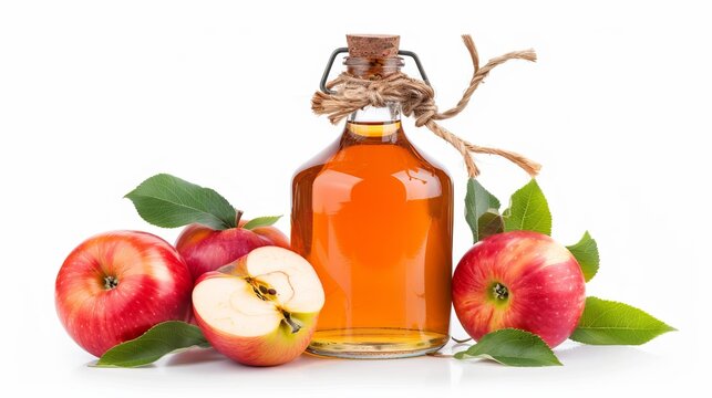 Glass bottle of apple vinegar with fresh apples isolated on a white background