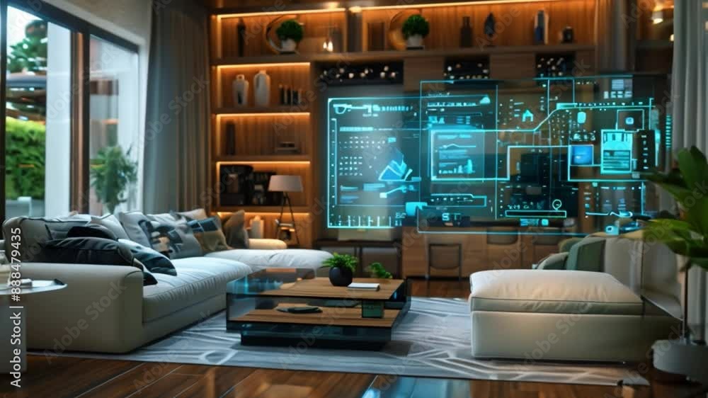 Poster a futuristic living room with a large, holographic smart home interface displaying data and controls