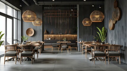 Modern interior of a restaurant with dark gray walls