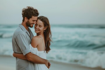Romantic couple embracing on beach with ocean waves in background happiness love concept