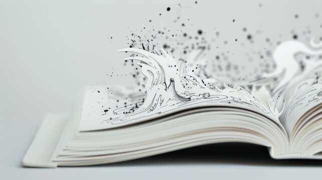 An intricately detailed drawing of an open paperback book, with sketches of whimsical characters and scenes flowing out from the pages