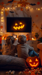 children in a family watching a halloween movie on TV in a living room decorated with pumpkins