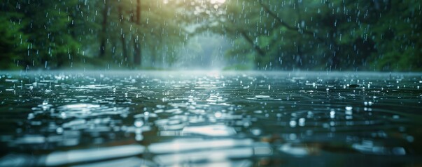 A close-up of raindrops falling on a calm lake surface.