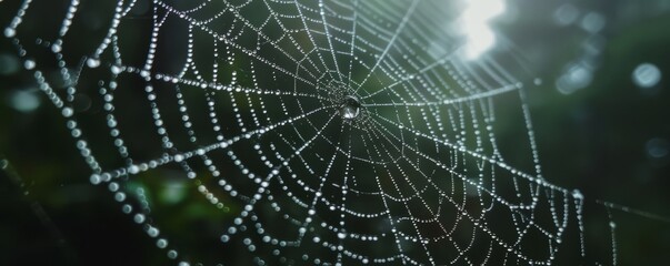 A close-up of dew drops on a spider web in the morning.