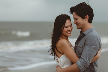 Romantic couple embracing on a beach, serene seashore love concept