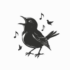 Fototapeta premium Illustrated Singing Bird Perched on Branch with Falling Leaves and Music Note.