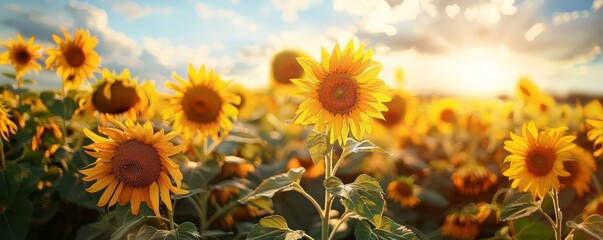Fototapeta premium A field of sunflowers under a bright, sunny sky.