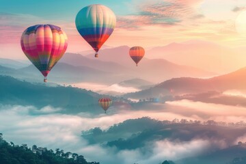 Fototapeta premium Hot Air Balloons Soaring Over a Misty Mountain Landscape at Sunrise
