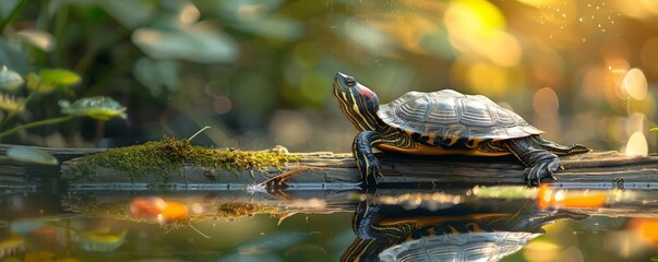 Fototapeta premium A close-up of a turtle sunbathing on a log in a pond.