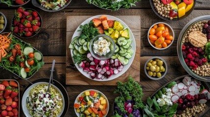Fototapeta premium Top view of a vibrant plant-based feast, featuring a variety of colorful salads, roasted vegetables, and fresh fruit platters arranged artfully on a wooden table