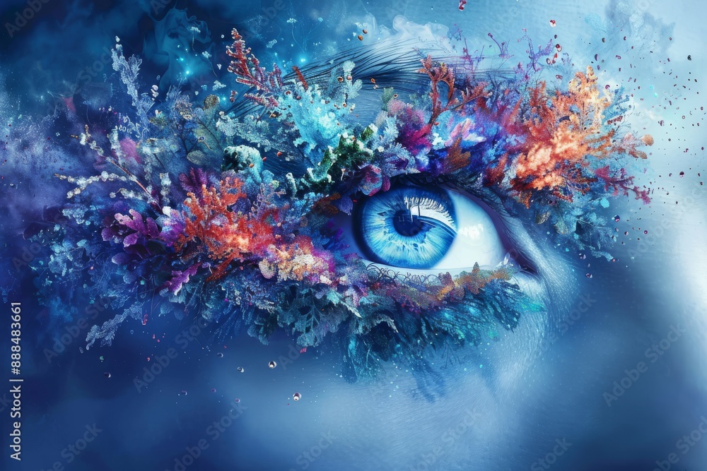 Poster surreal closeup of an eye with colorful particles and abstract elements creating a vibrant and mysti
