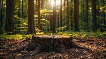 a tree stump sitting in the middle of a forest filled with lots of green grass and sunlight shining through the trees