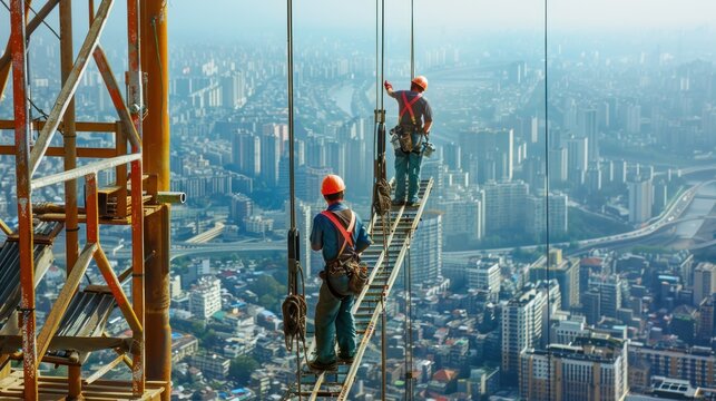 A brave ironworker is perched high above the city, engaging in skilled labor on a steel beam