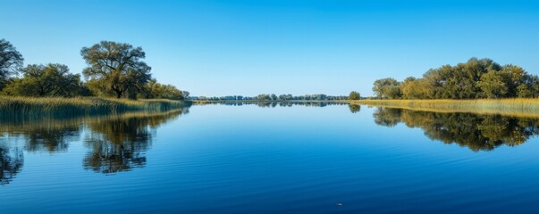 A serene lake reflecting a cloudless blue sky.