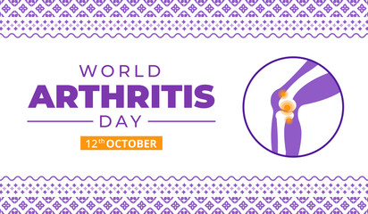 A poster for World Arthritis Day October 12 with a purple background and a purple knee. National Arthritis awareness month.