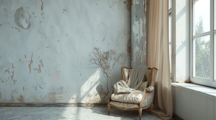 Vintage armchair in old house with white wall and large window draped with curtain