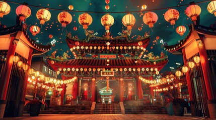 Fototapeta premium Beautifully decorated temple entrance for Chinese New Year celebrations with lanterns and banners