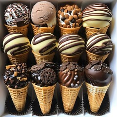 A variety of chocolate and vanilla ice cream cones with different toppings