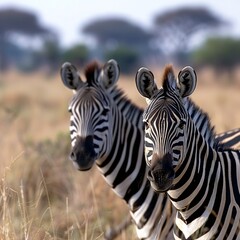 Fototapeta premium Two Zebras Grazing Together in the African Savanna on a Sunny Day