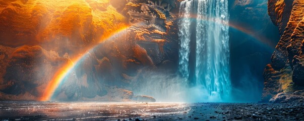 A vibrant rainbow arcing over a waterfall.