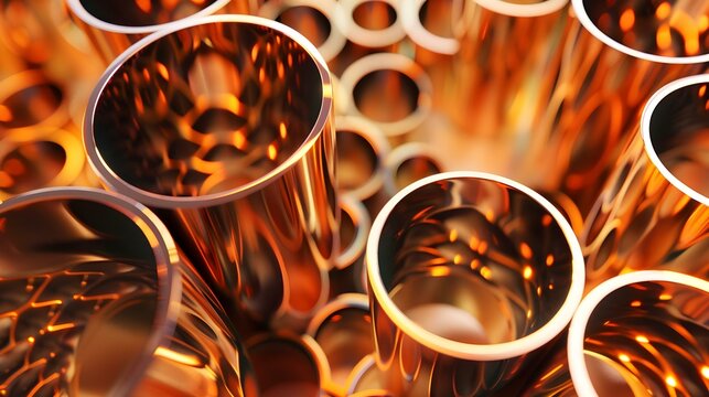 Close-up view of reflective copper pipes with circuit patterns