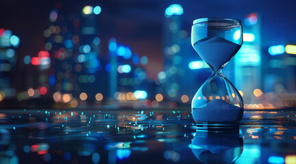 Time management in business. Blue sand timer and cityscape