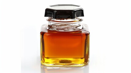 Square jar of dark honey with a black cap isolated on a white background