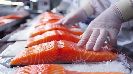Freshly caught salmon being processed at a fish factory