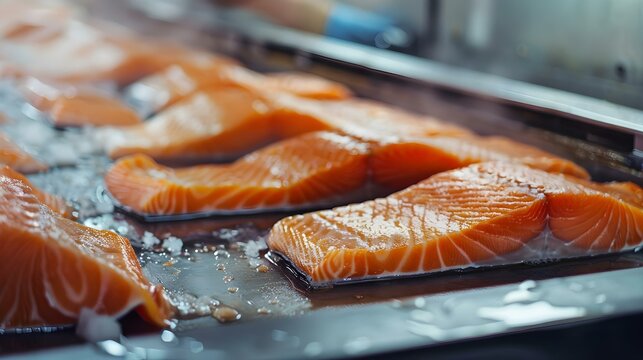 Freshly caught salmon being processed at a fish factory