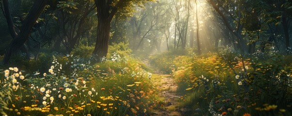Obraz premium A sunlit forest path with wildflowers.