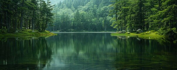 A tranquil lake surrounded by dense pine forests.